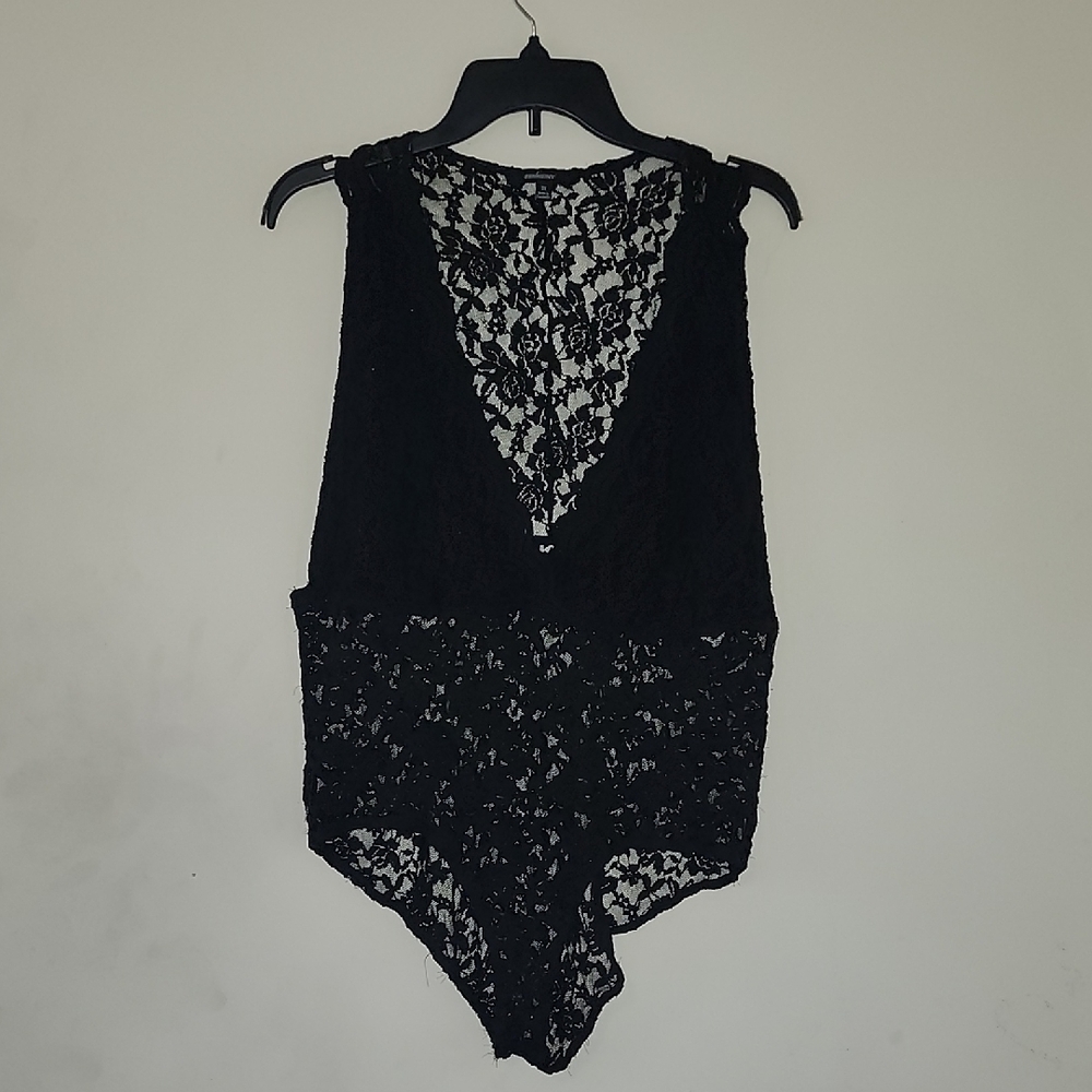 Ambiance Black Lace Bodysuit V Neck Razor Back Plus Size